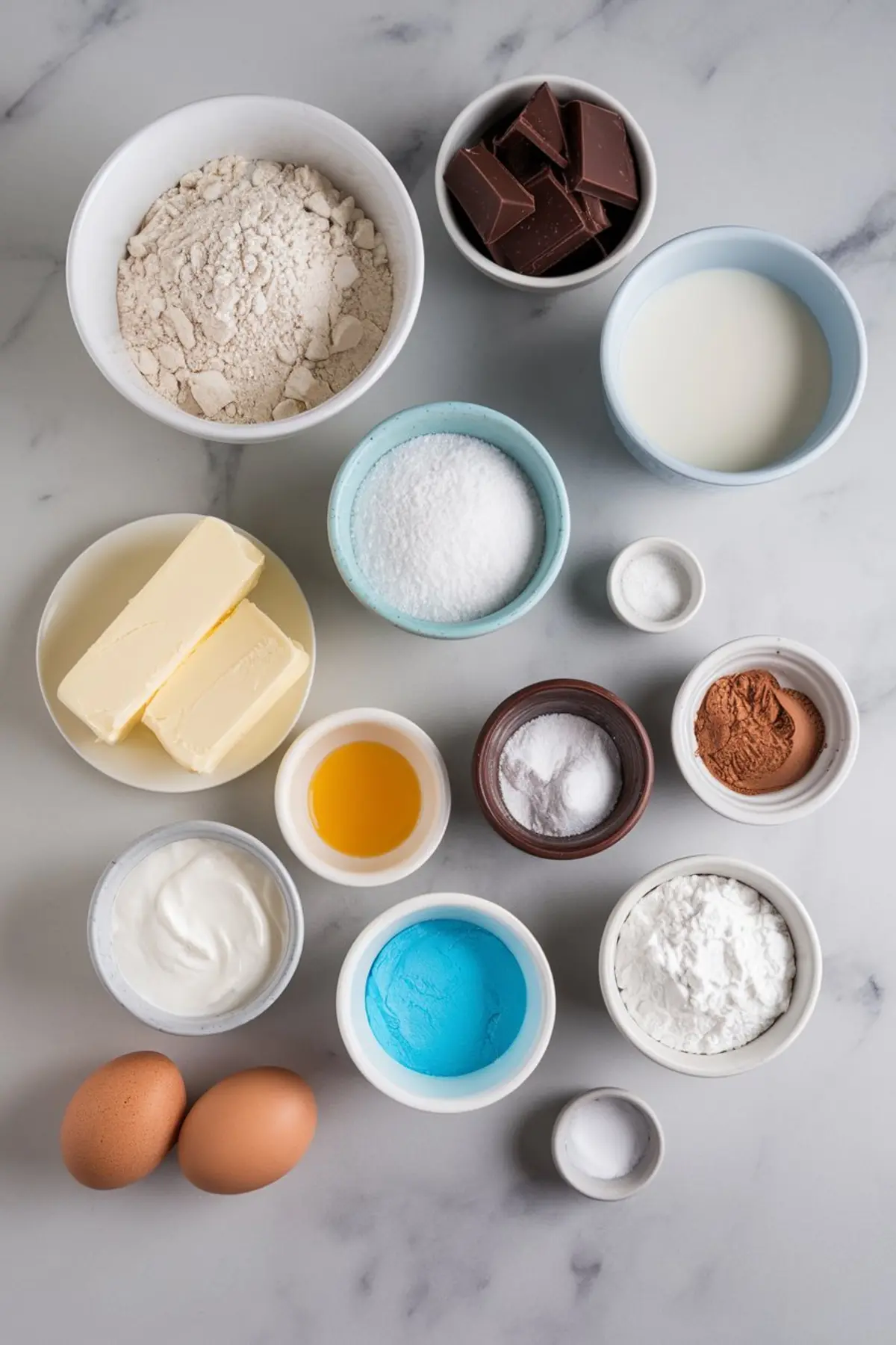 A flat lay of baking ingredients arranged in small bowls on a marble countertop. The ingredients include flour, sugar, butter, eggs, cocoa powder, milk, sour cream, baking soda, salt, chocolate chunks, and blue food coloring.