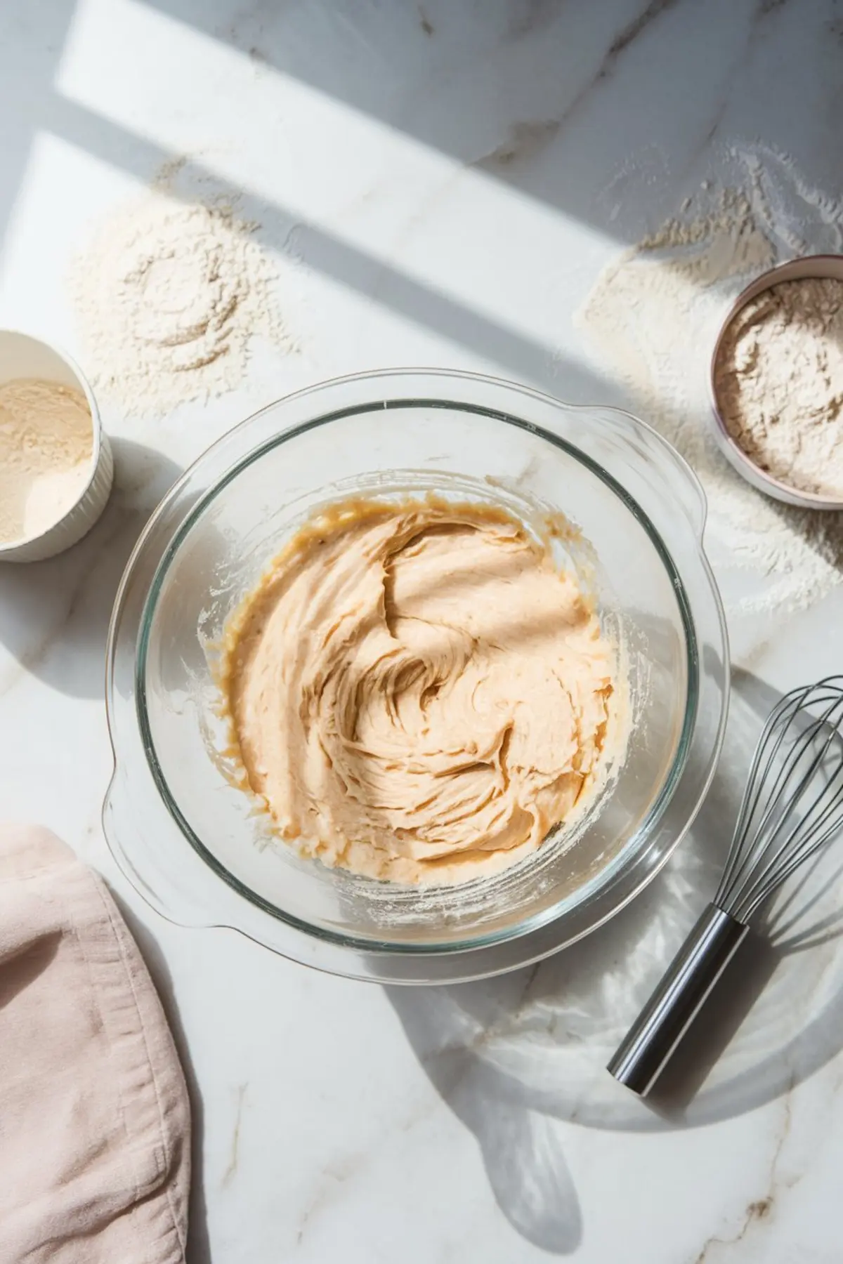 A glass mixing bowl filled with light, creamy cake batter sits on a marble countertop. A metal whisk rests beside the bowl, with scattered flour and small bowls of dry ingredients in the background. Sunlight streams in, casting soft shadows.
