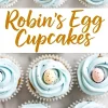 Robin’s egg cupcakes decorated with swirls of pastel blue frosting and speckled candy eggs, with bold golden script reading “Robin’s Egg Cupcakes” across the center.