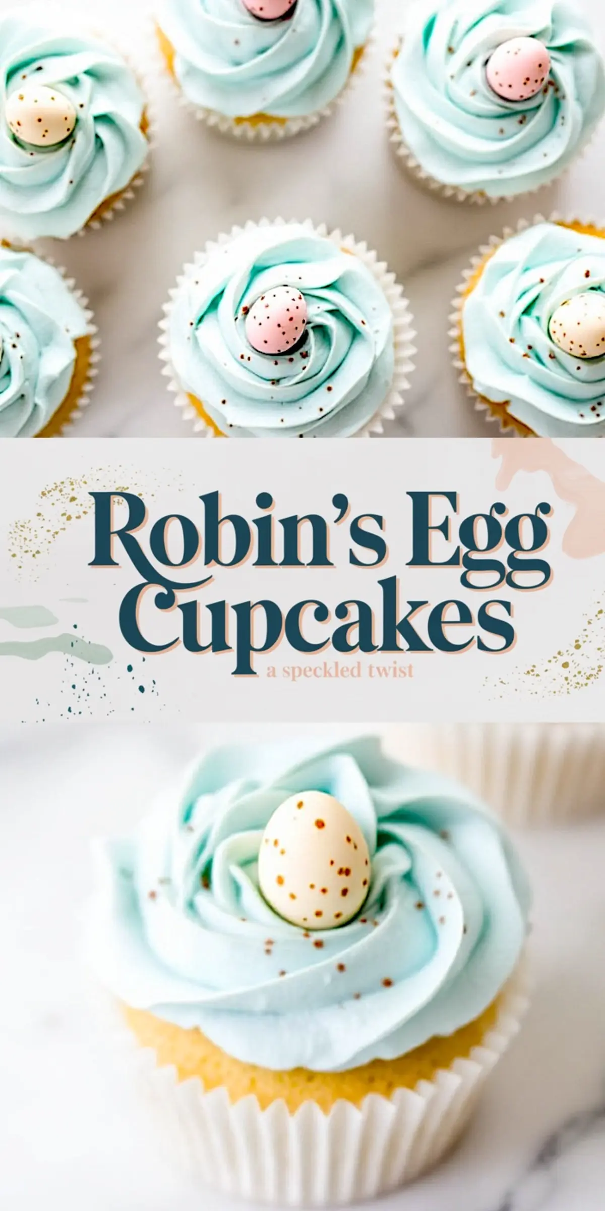 Collage of Robin’s egg cupcakes with pale blue frosting and speckled candy eggs, paired with “Robin’s Egg Cupcakes” and “a speckled twist” written in dark blue and peach text, including a close-up of a single cupcake at the bottom.