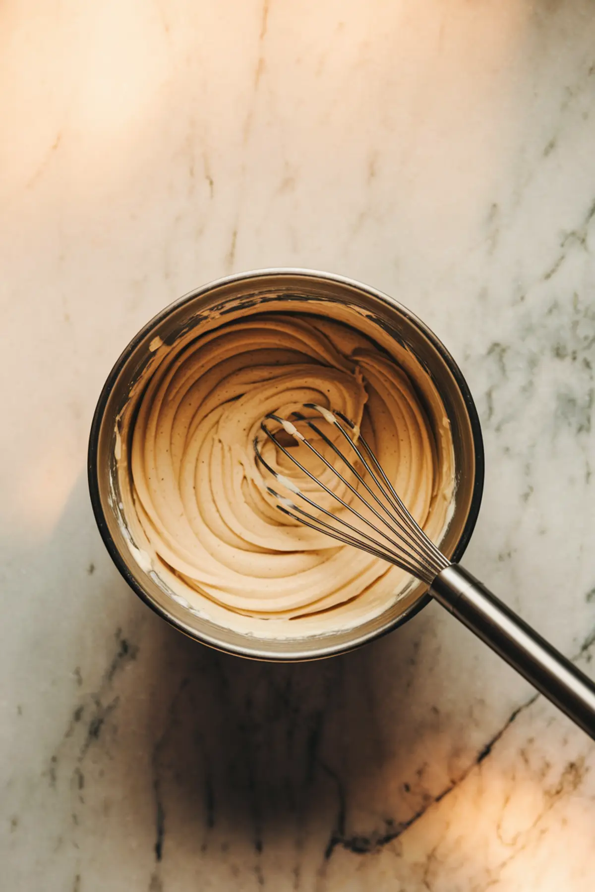 A metal mixing bowl filled with creamy, whipped frosting, swirled smoothly with a metal whisk resting inside, set on a marble countertop.