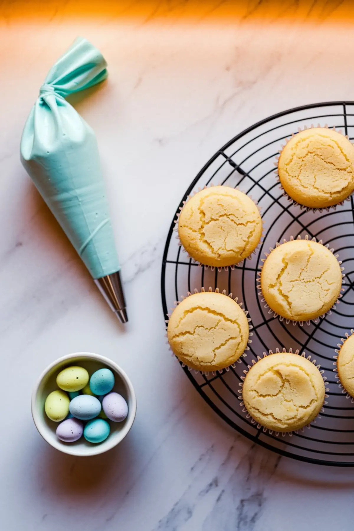 Freshly baked vanilla cupcakes on a black wire cooling rack, with a light blue piping bag filled with frosting and a small white bowl of pastel-colored candy eggs on a marble surface.