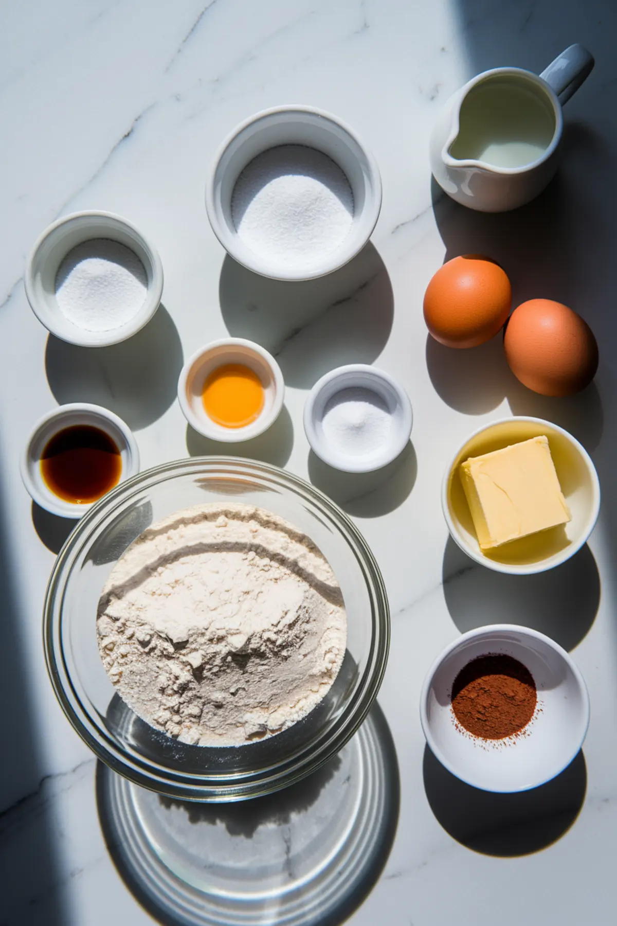 Flat lay of cupcake ingredients in small bowls, including flour, butter, eggs, sugar, vanilla extract, milk, salt, cocoa powder, and other liquids, arranged neatly on a white marble countertop.