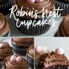 Chocolate robin’s nest cupcakes decorated with smooth chocolate frosting swirled into a nest shape and topped with three pink candy eggs. Close-up view highlights moist chocolate cake, creamy frosting texture, and pastel candy eggs for Easter or spring-themed desserts.