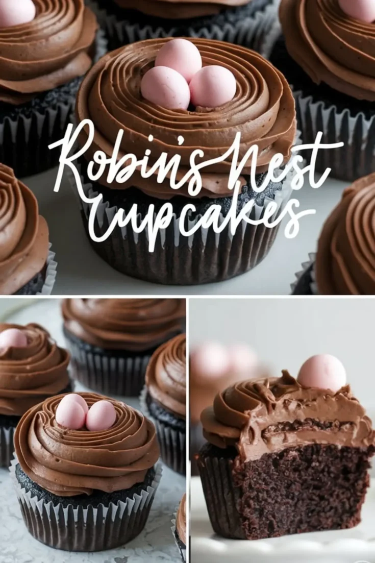 Chocolate robin’s nest cupcakes decorated with smooth chocolate frosting swirled into a nest shape and topped with three pink candy eggs. Close-up view highlights moist chocolate cake, creamy frosting texture, and pastel candy eggs for Easter or spring-themed desserts.