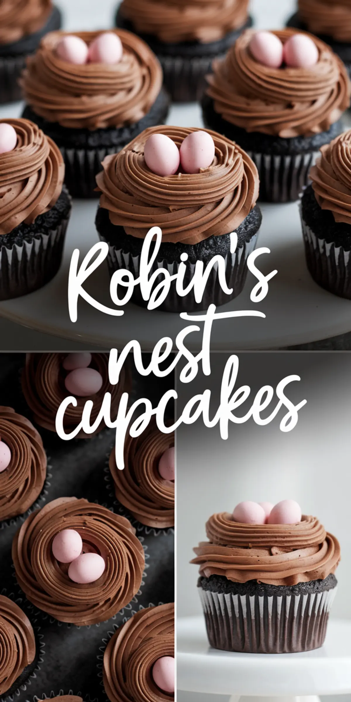 Dark chocolate robin’s nest cupcakes featuring chocolate buttercream frosting piped into a nest design and topped with pink candy eggs. Multiple cupcakes arranged on a cake stand and tabletop, styled for festive spring or Easter dessert ideas.