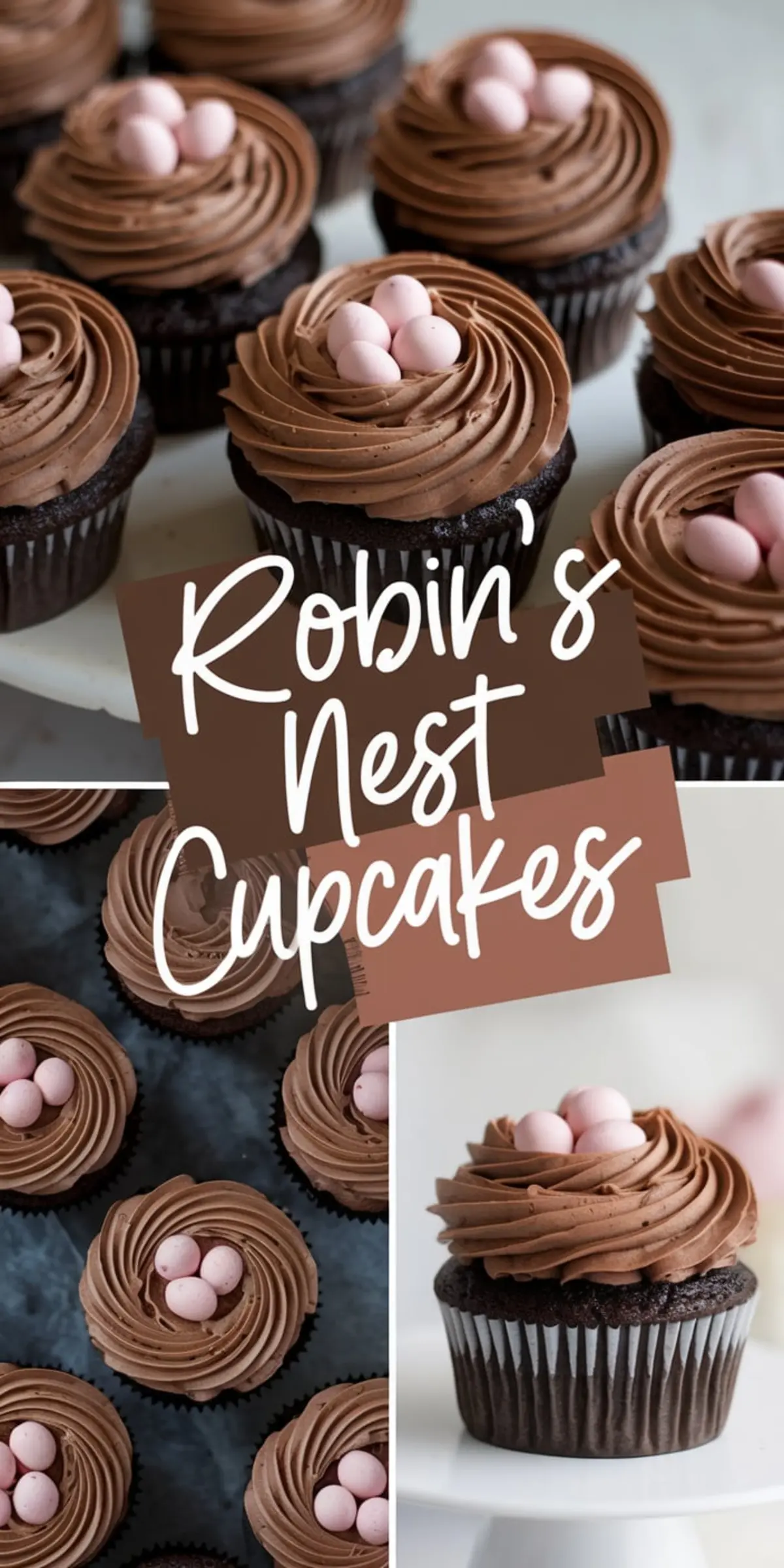 Robin’s nest cupcakes with rich chocolate frosting shaped like bird nests, topped with small pink candy eggs. Displayed in a combination of overhead and side views showcasing detailed frosting swirls and soft, moist chocolate cupcake bases.