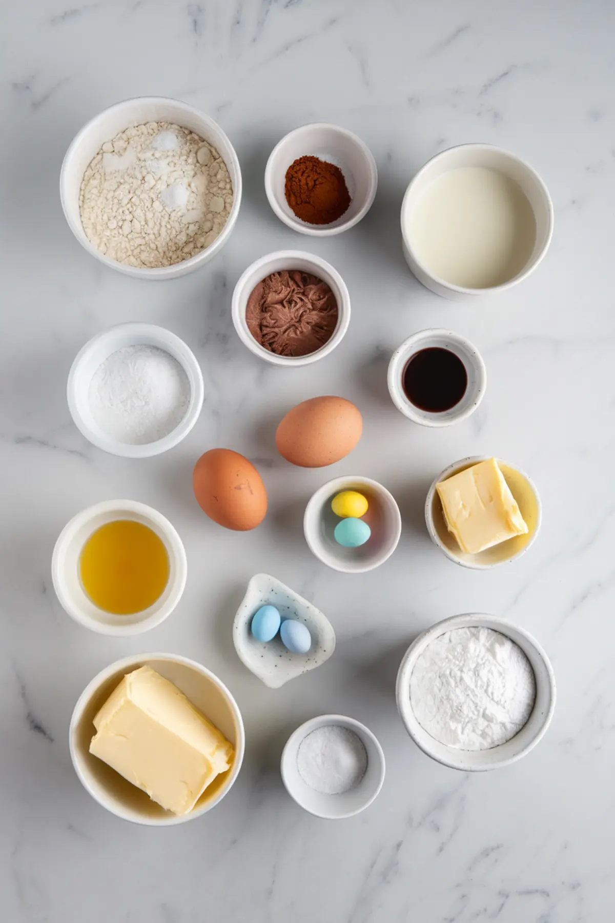 Overhead view of measured baking ingredients for robin’s nest cupcakes, including flour, cocoa powder, chocolate frosting, butter, eggs, sugar, vanilla extract, milk, candy eggs in pastel colors, and baking powder. Flat lay on a marble surface for recipe preparation.