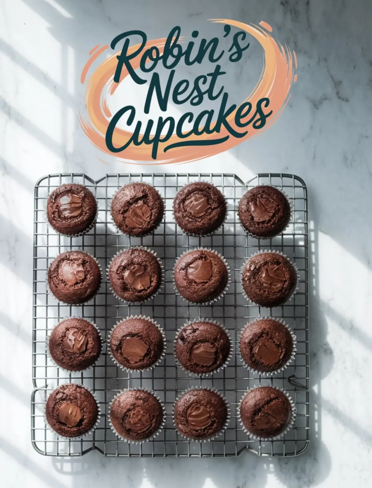 Chocolate cupcakes cooling on a wire rack, each with a dollop of melted chocolate in the center, prepared as the base for robin’s nest cupcakes. Overhead view on a marble surface, emphasizing baking process and chocolate cupcake texture.