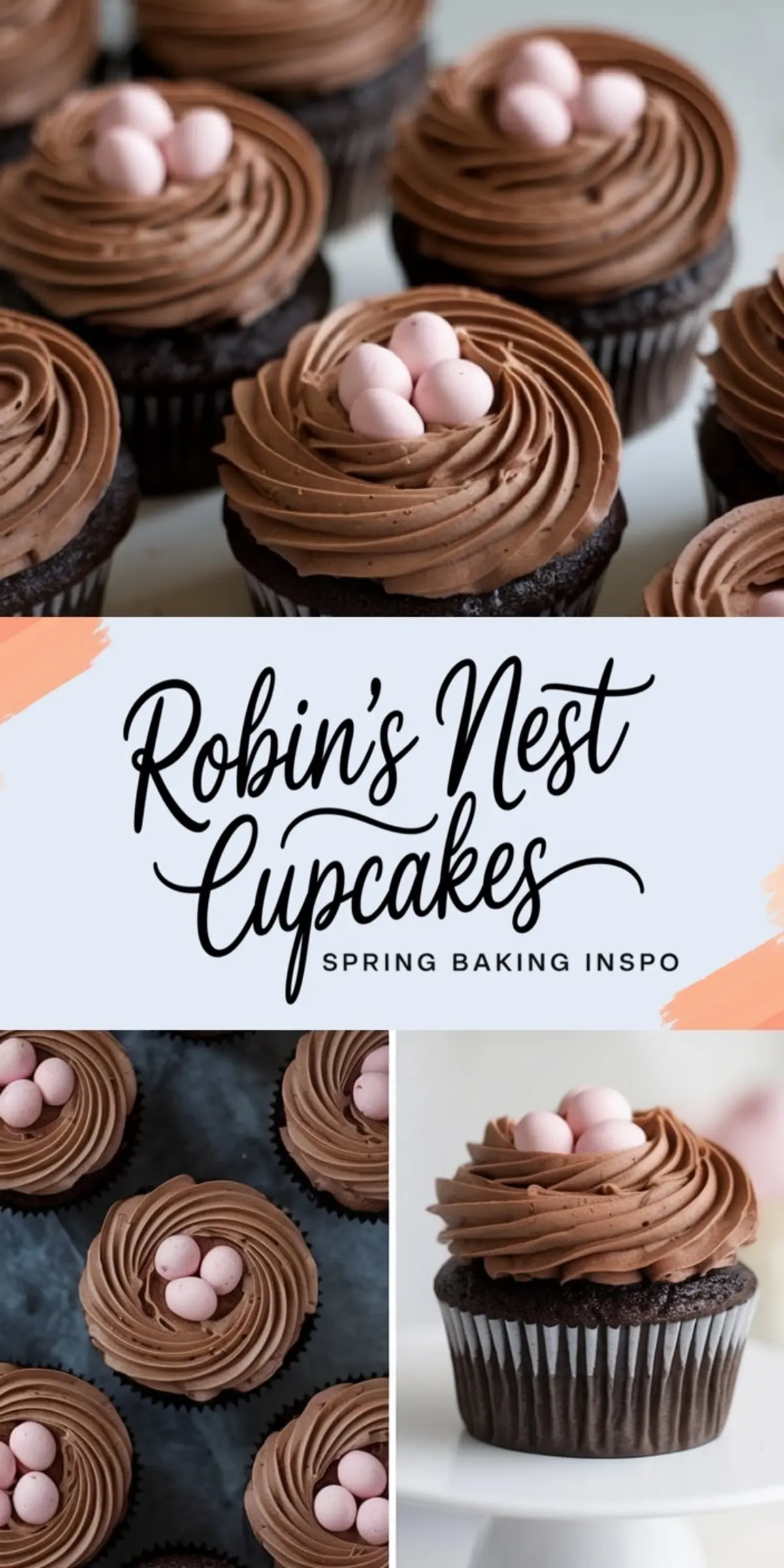 Robin’s nest chocolate cupcakes decorated with piped chocolate frosting nests and pastel pink candy eggs. Styled with close-up and top views, showing cupcake texture, frosting detail, and candy decorations for spring or Easter baking inspiration.