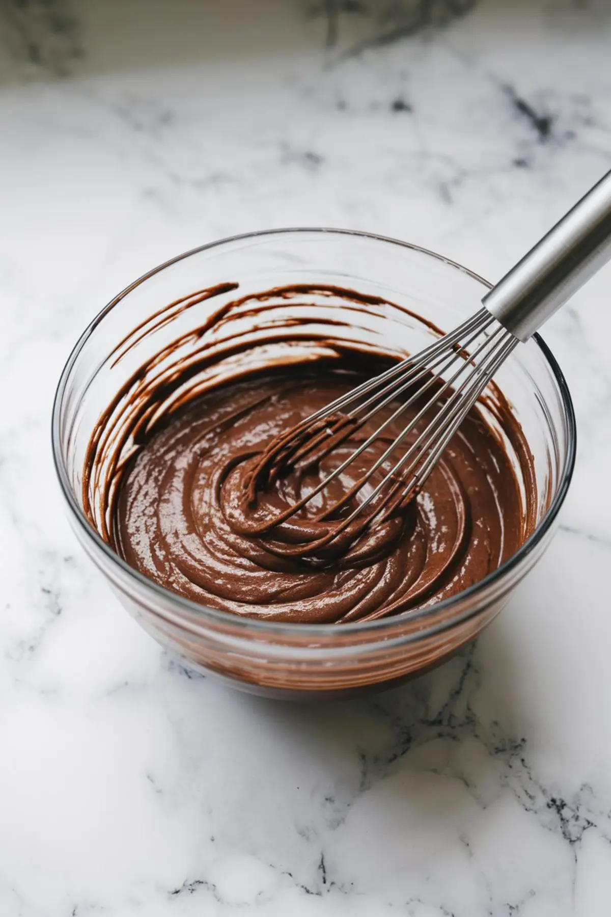 Glass bowl filled with rich chocolate cupcake batter being mixed with a metal whisk. The smooth and glossy texture of the batter is shown on a marble surface, capturing the cupcake-making process.