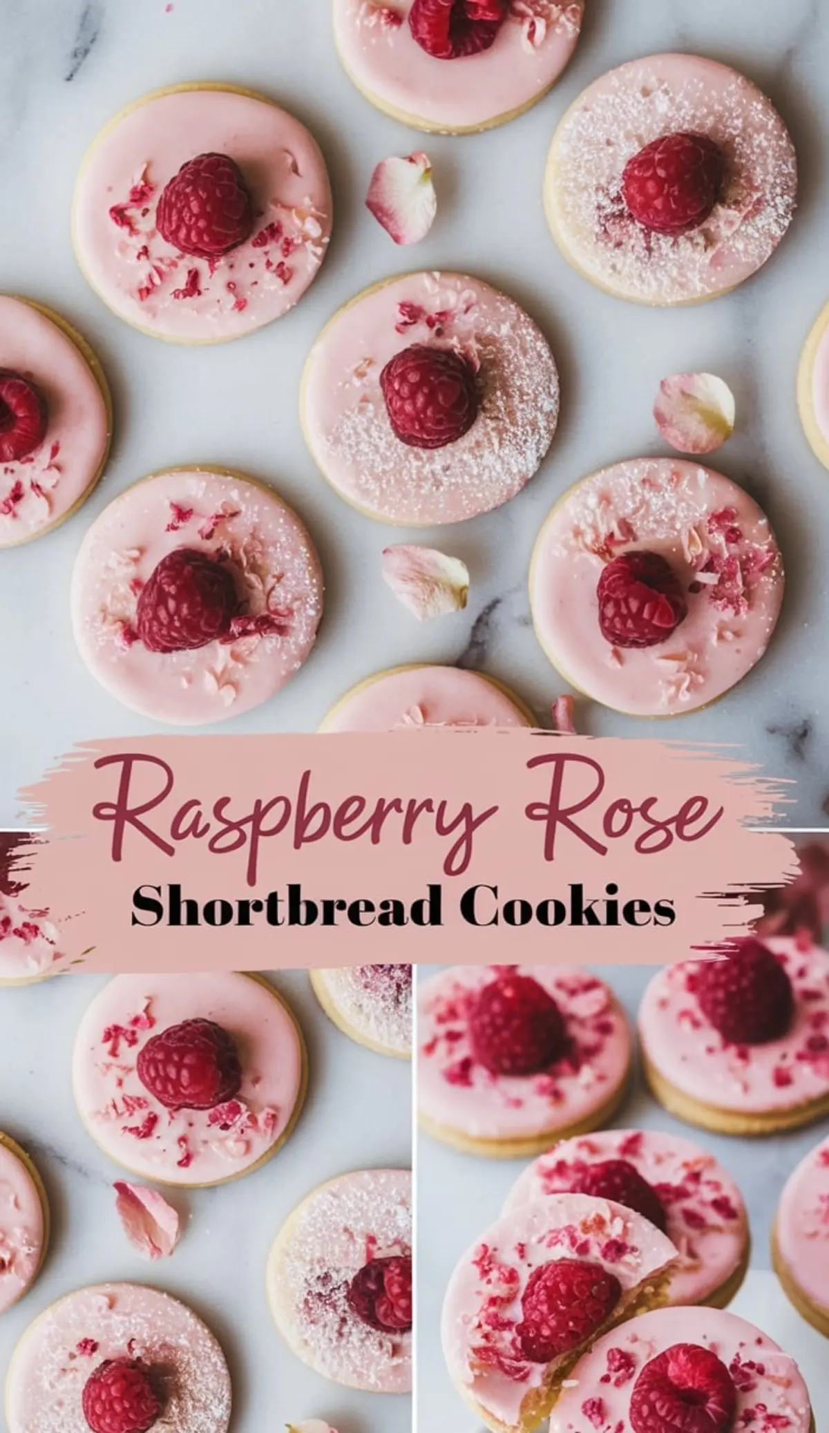 A collage-style image featuring raspberry rose shortbread cookies with pink glaze, fresh raspberries, and crushed rose petals. The cookies are arranged on a marble surface with a text overlay reading “Raspberry Rose Shortbread Cookies.”