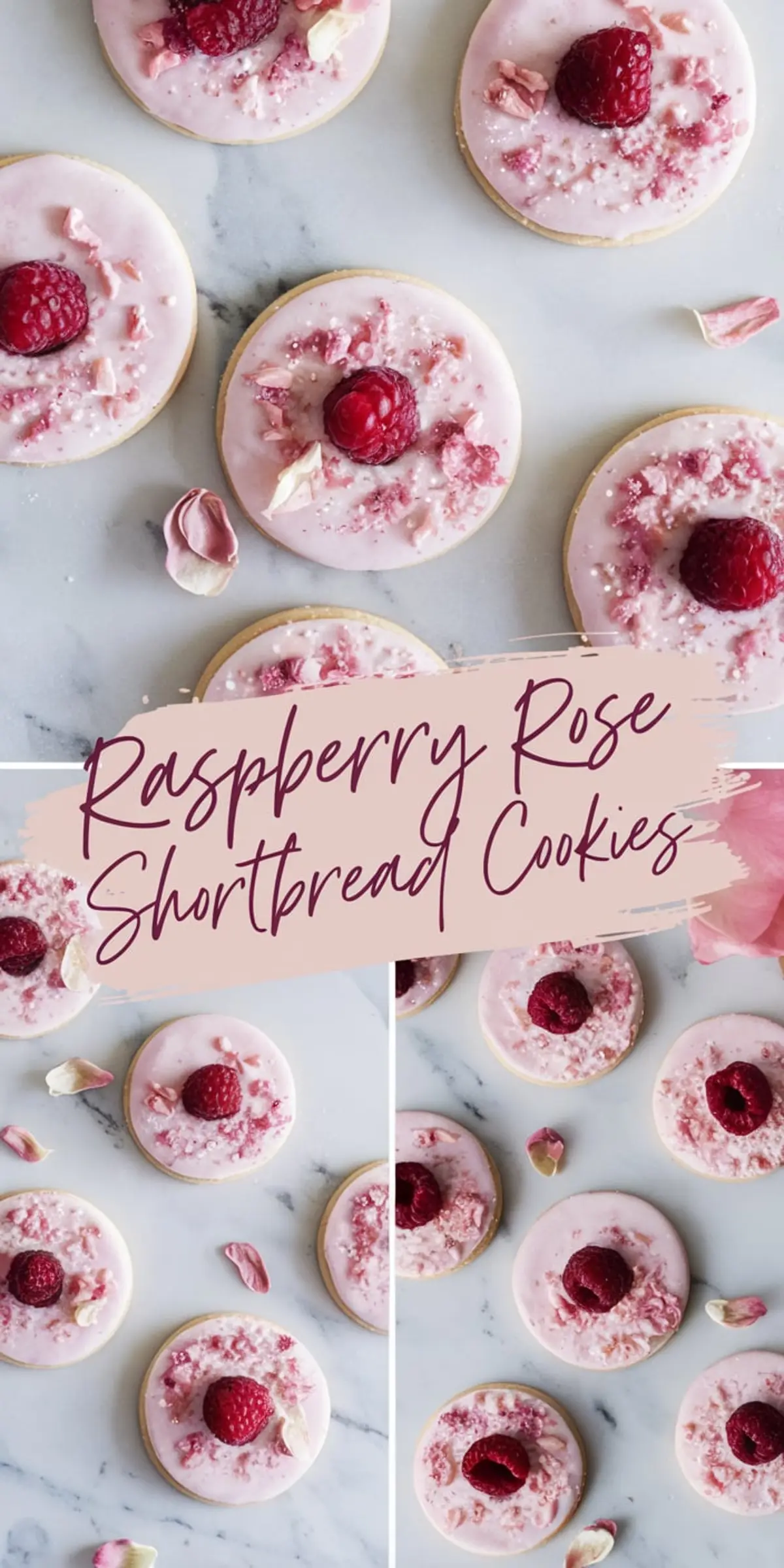 A collage-style image featuring raspberry rose shortbread cookies with a glossy pink glaze, fresh raspberries, and crushed rose petals. The cookies are arranged on a marble surface with scattered petals. A text overlay in elegant script reads “Raspberry Rose Shortbread Cookies.”