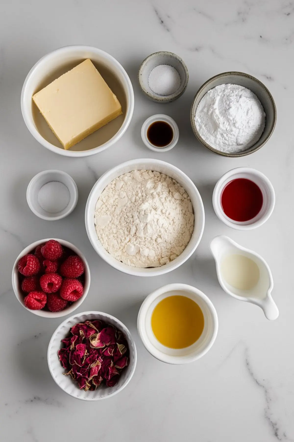 A flat lay of baking ingredients arranged in small bowls on a marble surface. Ingredients include butter, flour, powdered sugar, vanilla extract, salt, fresh raspberries, dried rose petals, and liquid flavorings.