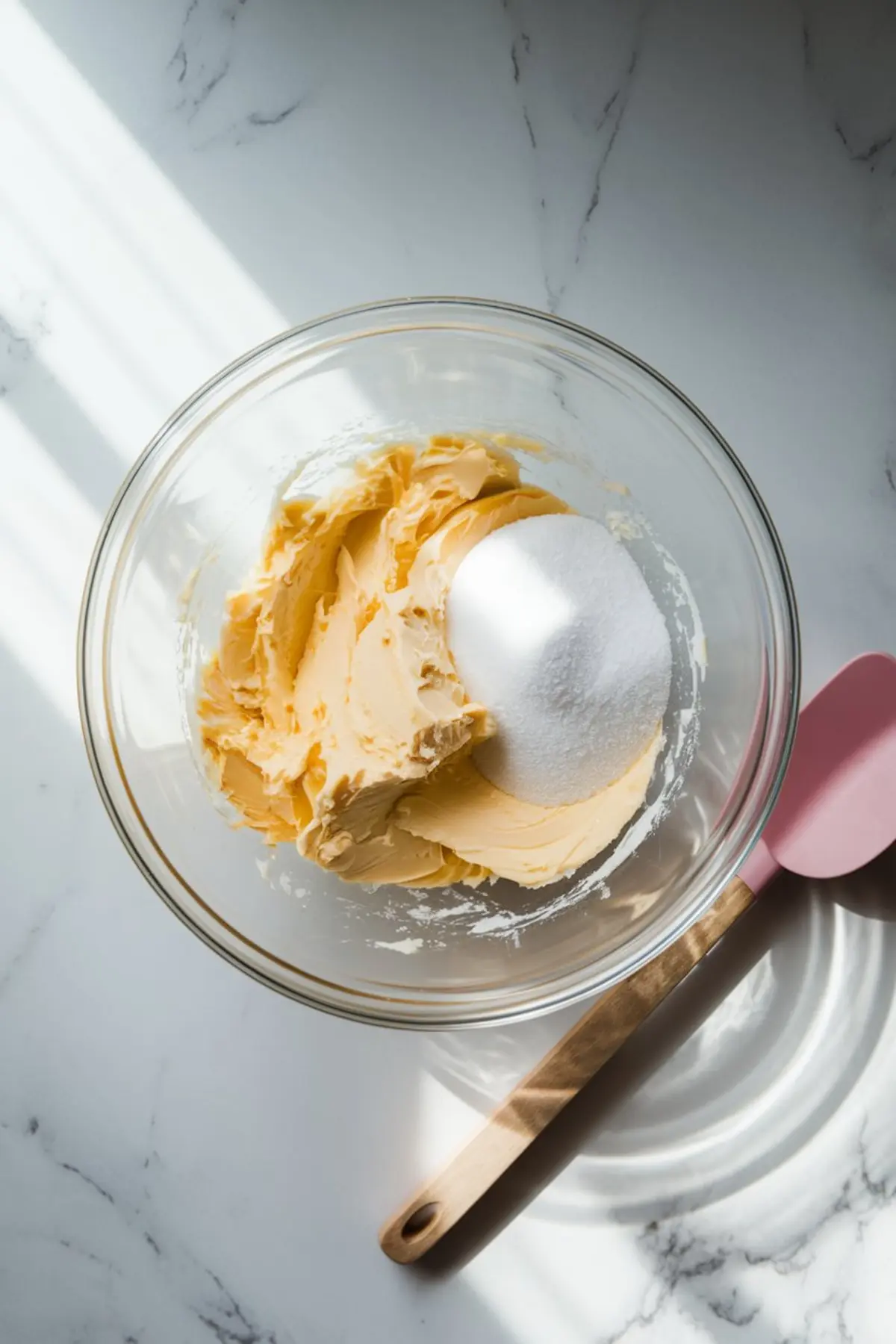A glass mixing bowl with softened butter and granulated sugar on a marble countertop. A pink silicone spatula with a wooden handle rests beside the bowl. Natural light casts soft shadows across the surface.
