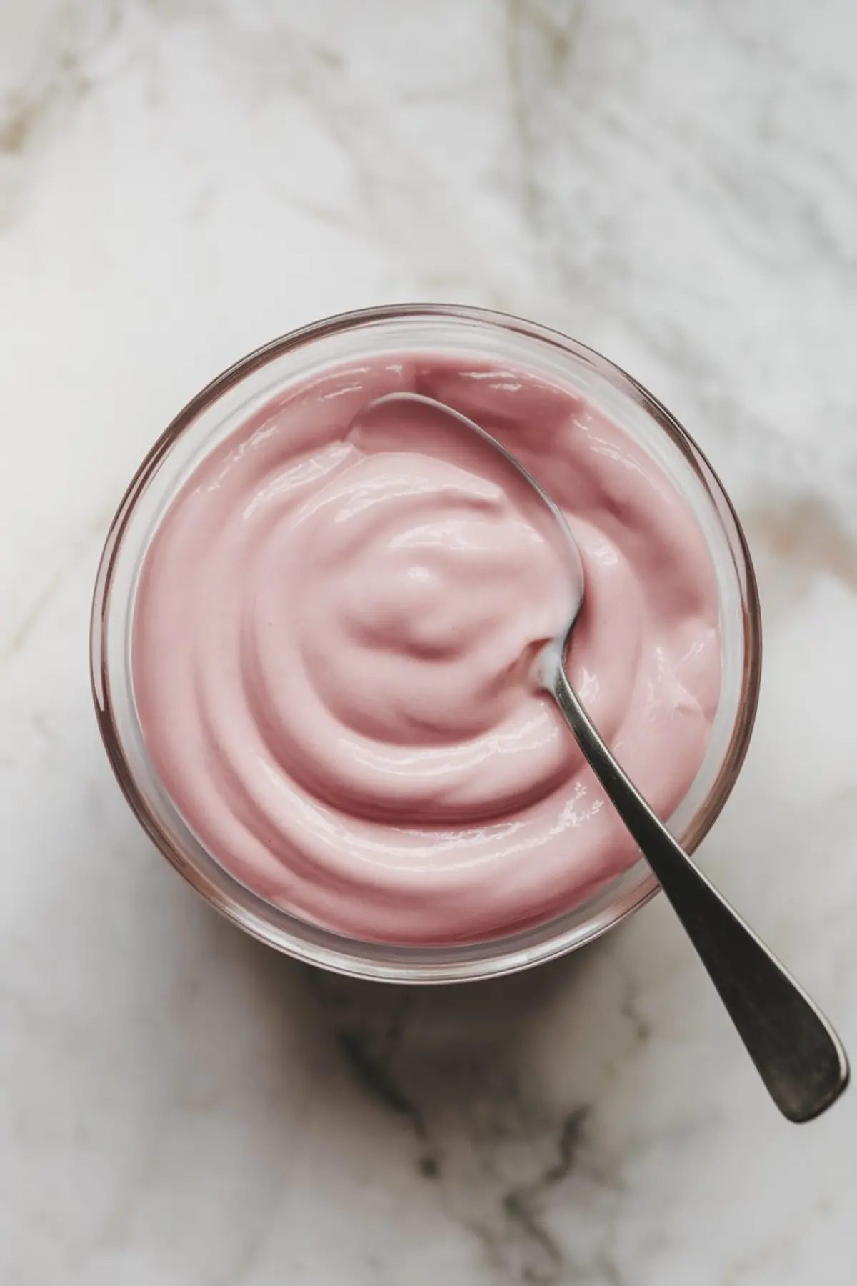 A glass bowl filled with smooth, creamy pink glaze or frosting. A silver spoon is dipped into the mixture, and the bowl sits on a marble countertop.