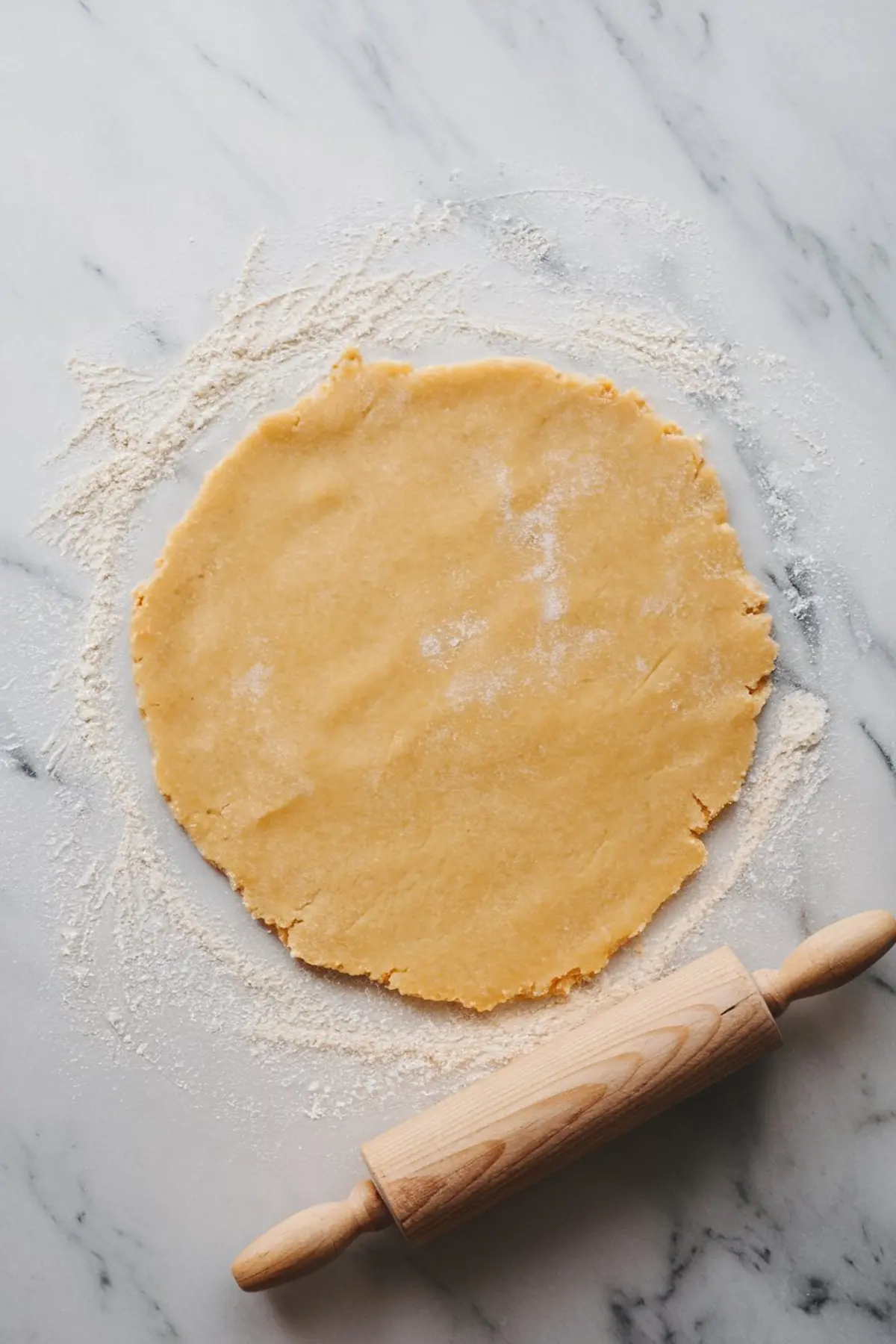 A sheet of rolled-out shortbread dough on a lightly floured marble surface. A wooden rolling pin with a natural finish lies beside the dough, ready for cookie cutting.