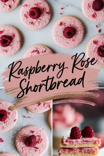 A collage-style image showcasing raspberry rose shortbread cookies topped with pink icing, raspberries, and powdered sugar. A text overlay says “Raspberry Rose Shortbread,” with a close-up of a stacked cookie bite.