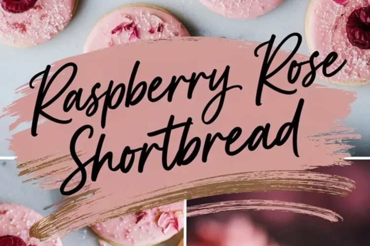A collage-style image showcasing raspberry rose shortbread cookies topped with pink icing, raspberries, and powdered sugar. A text overlay says “Raspberry Rose Shortbread,” with a close-up of a stacked cookie bite.