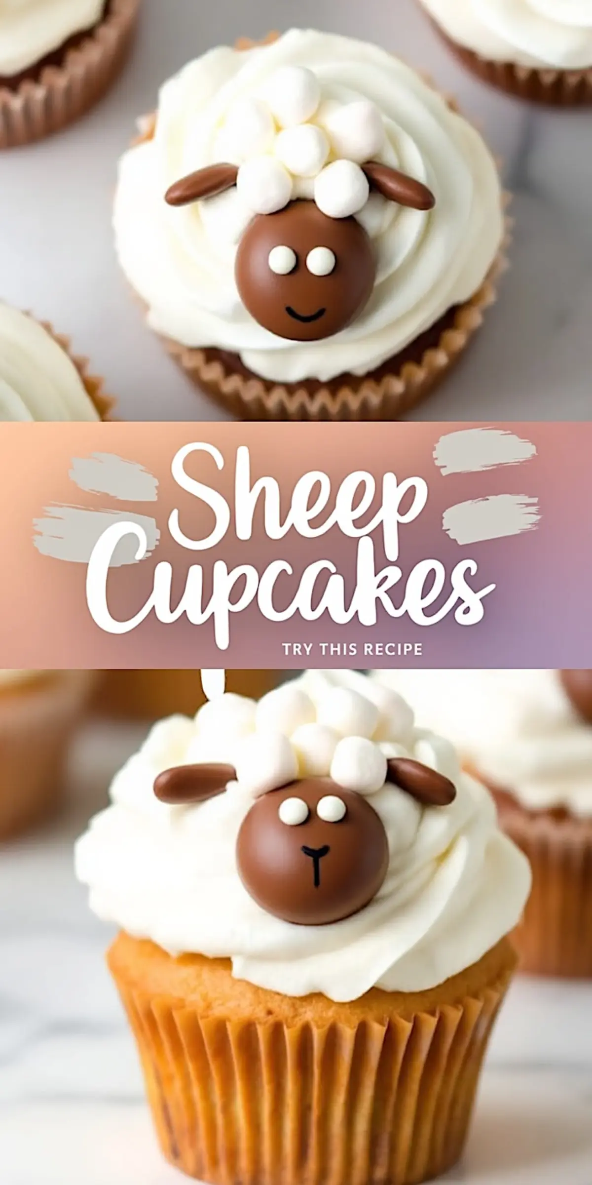 Cute sheep-themed cupcake with white buttercream frosting swirled on top, decorated with a chocolate candy sheep face, mini marshmallows as wool, and fondant ears on a vanilla cupcake base. Aesthetic animal cupcake idea for kids’ parties, Easter desserts, or spring baking inspiration.