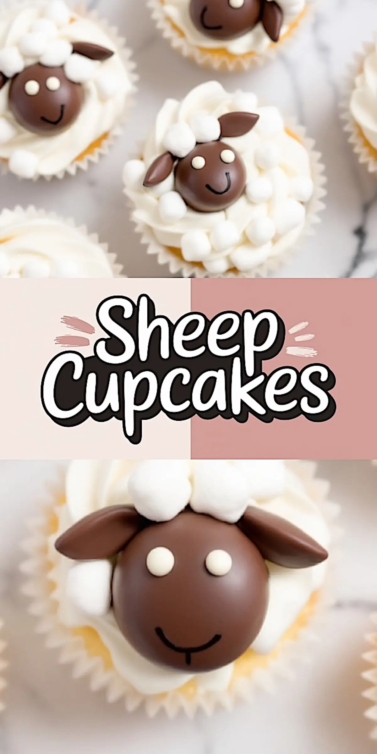 Adorable sheep cupcake with creamy white frosting and a chocolate candy sheep face, featuring white candy eyes, fondant ears, and topped with mini marshmallows for a fluffy look. Fun animal cupcake design for baby showers, Easter treats, or kids’ birthday parties.