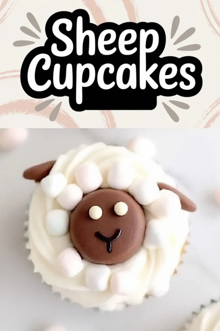 Overhead view of sheep-themed cupcakes with piped white frosting and chocolate sheep faces, detailed with candy eyes and fondant ears, surrounded by mini marshmallow “wool.” Creative spring cupcake idea for themed dessert tables and holiday baking.