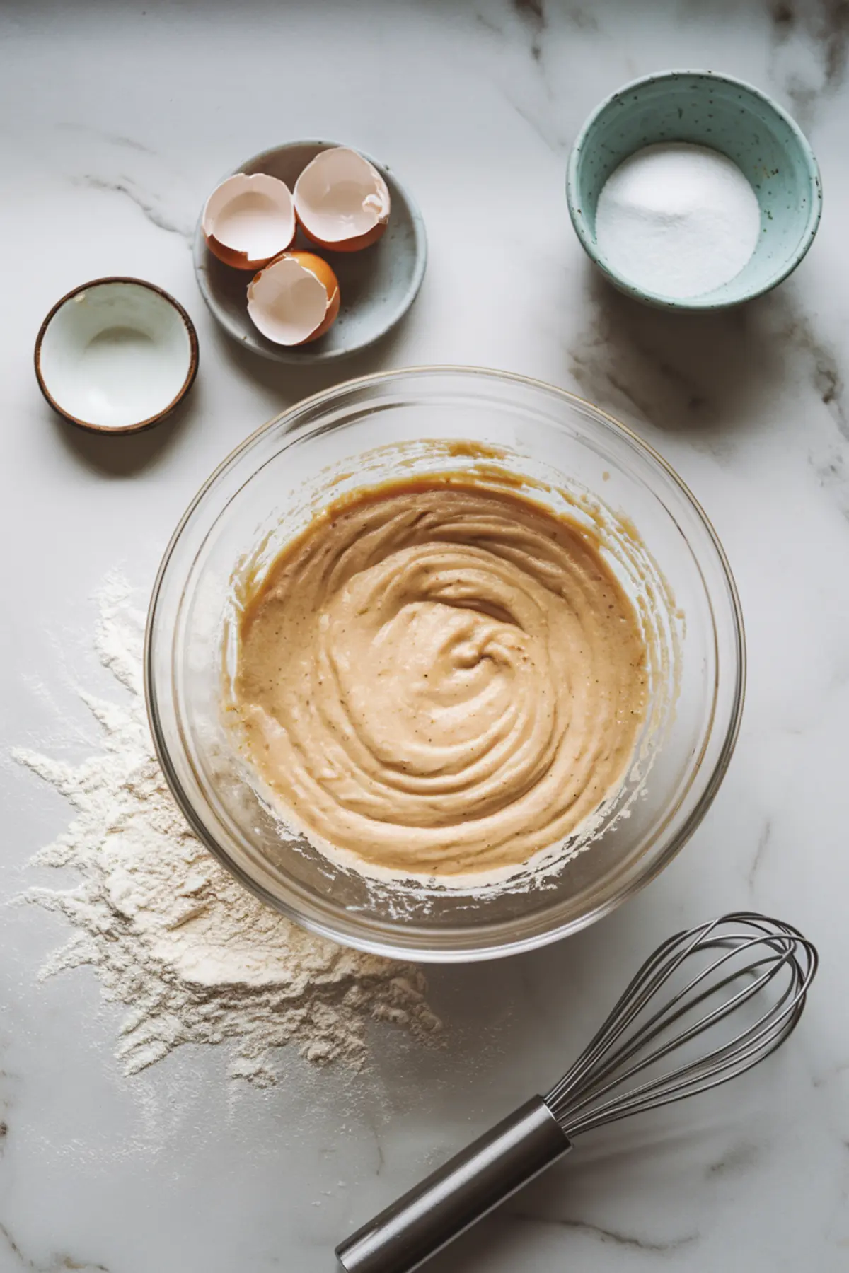 Flat lay of baking ingredients including flour, sugar, butter, eggs, vanilla extract, milk, salt, and mini marshmallows arranged on a marble surface. Essential ingredients for homemade cupcakes and buttercream frosting, perfect for sheep cupcake recipes.