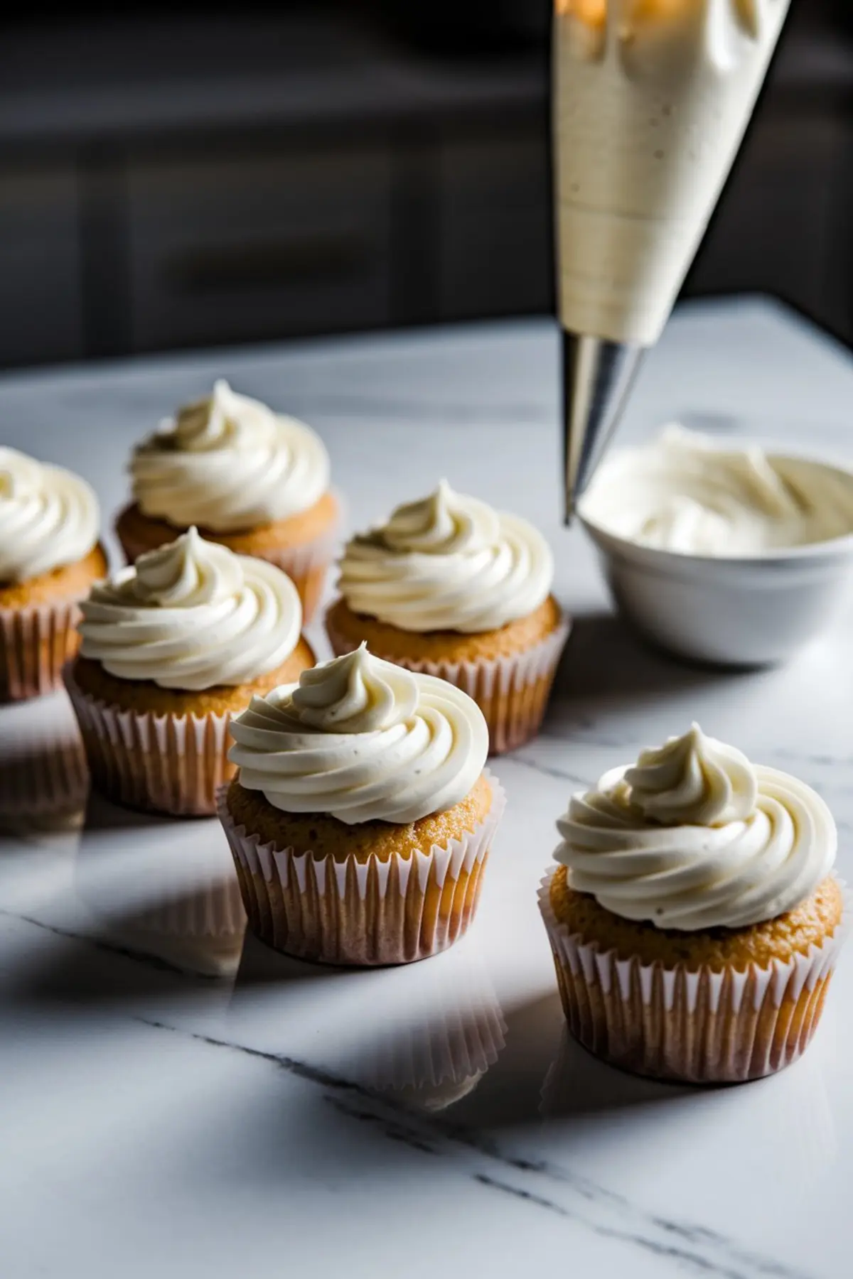 Cupcakes in white paper liners with swirls of piped vanilla buttercream frosting, shown in the process of being decorated. Step in cupcake decorating for sheep cupcakes, ideal for creative dessert preparation and baking tutorials.