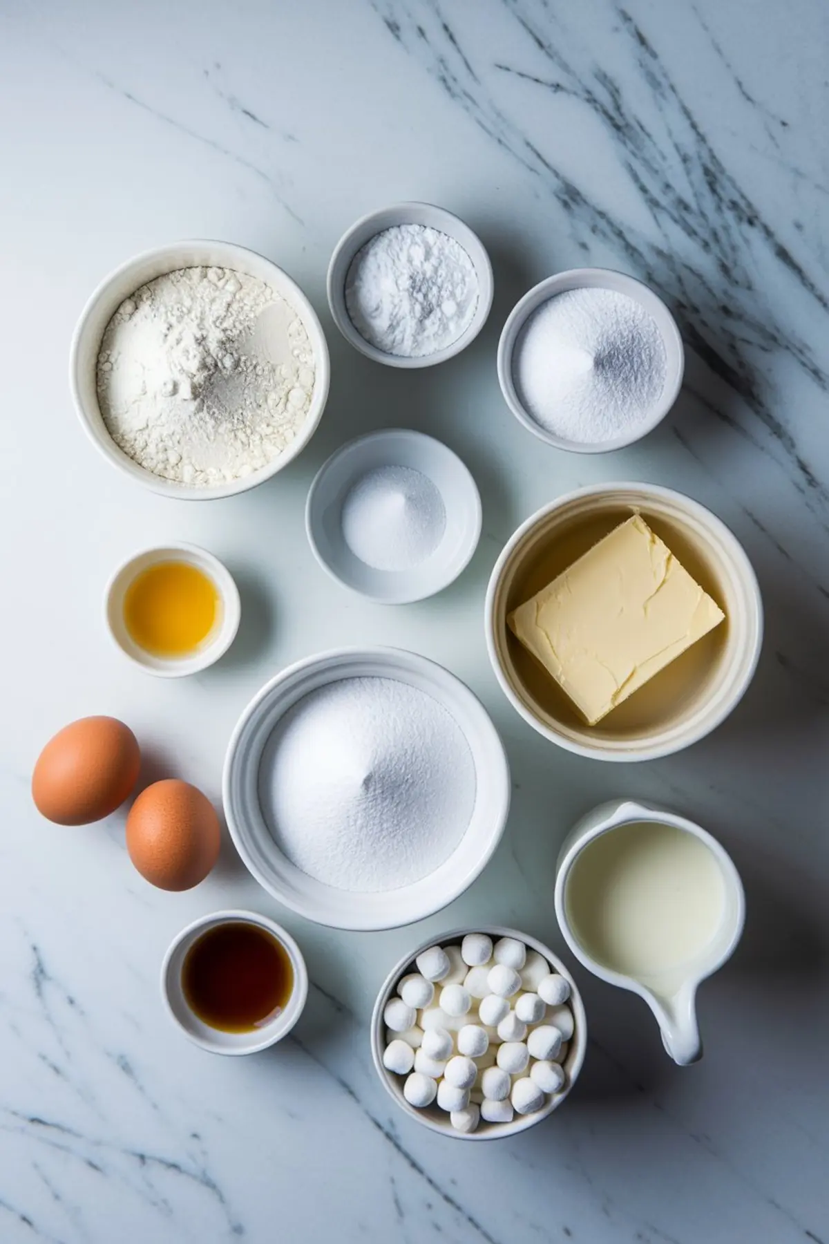 Assorted baking ingredients in small bowls on a marble background, including flour, sugar, butter, eggs, vanilla extract, baking powder, and mini marshmallows. Perfect setup for cupcake and frosting recipes, especially for themed desserts like sheep cupcakes.