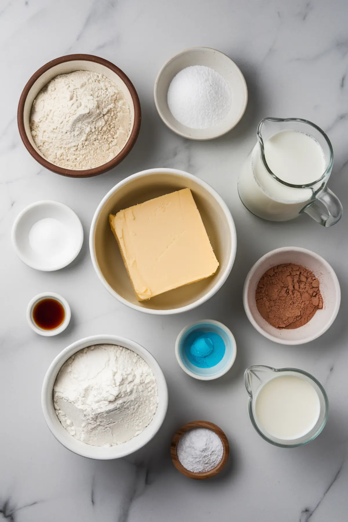 A speckled egg vanilla cake with pastel blue frosting, chocolate speckles, and a decorative chocolate nest filled with colorful candy eggs. A slice is cut out, revealing alternating vanilla and chocolate layers. The text “Speckled Egg Vanilla Cake” overlays the image in a handwritten-style font.