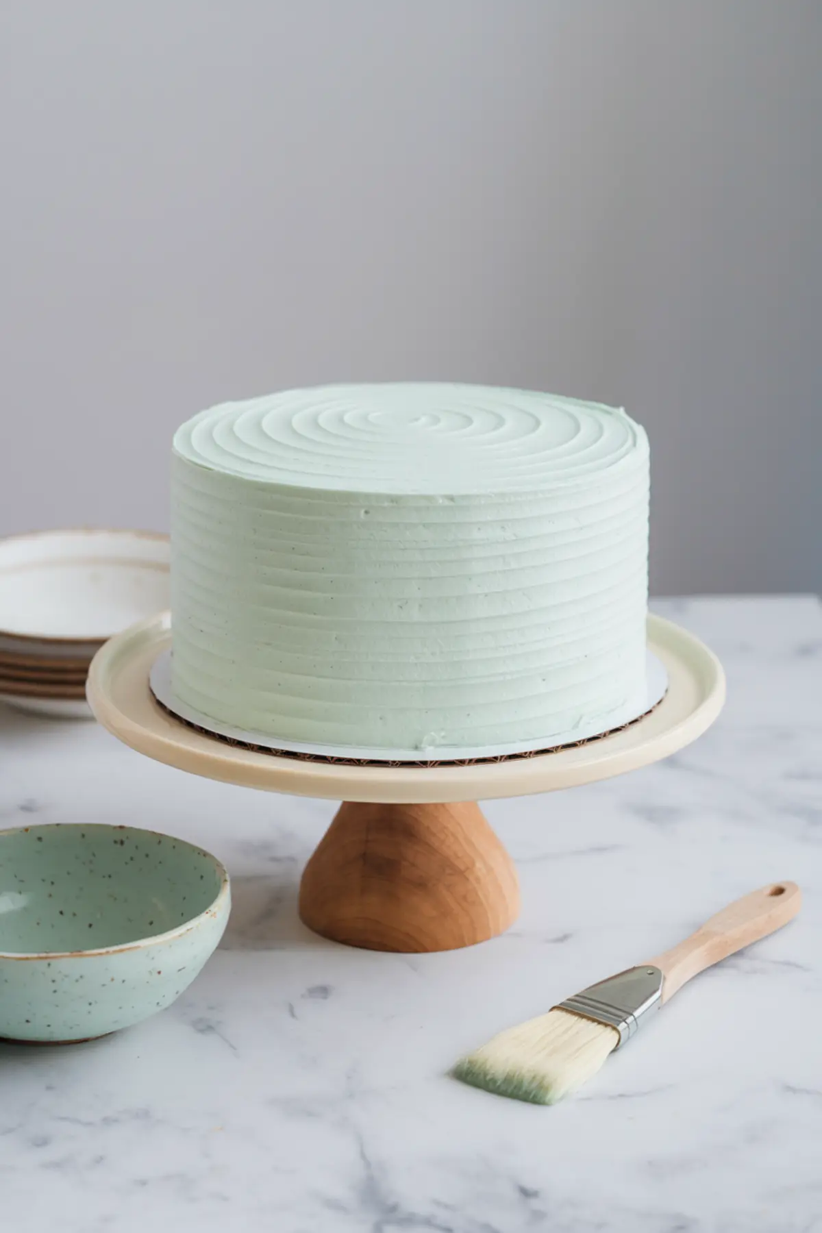 A frosted cake with smooth, pastel blue buttercream on a wooden cake stand, with a textured spiral pattern on top. A pastry brush and a ceramic bowl sit nearby.