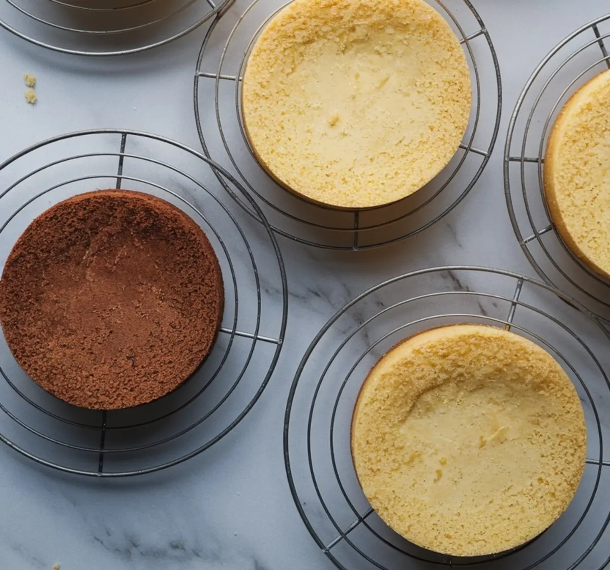Freshly baked cake layers cooling on wire racks, with golden vanilla sponge and a single chocolate layer visible against a marble background.
