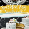 A close-up of the speckled egg vanilla cake with chocolate flecks, a candy egg nest, and alternating cake layers. The yellow and blue text overlay reads “Speckled Egg Vanilla Cake.”