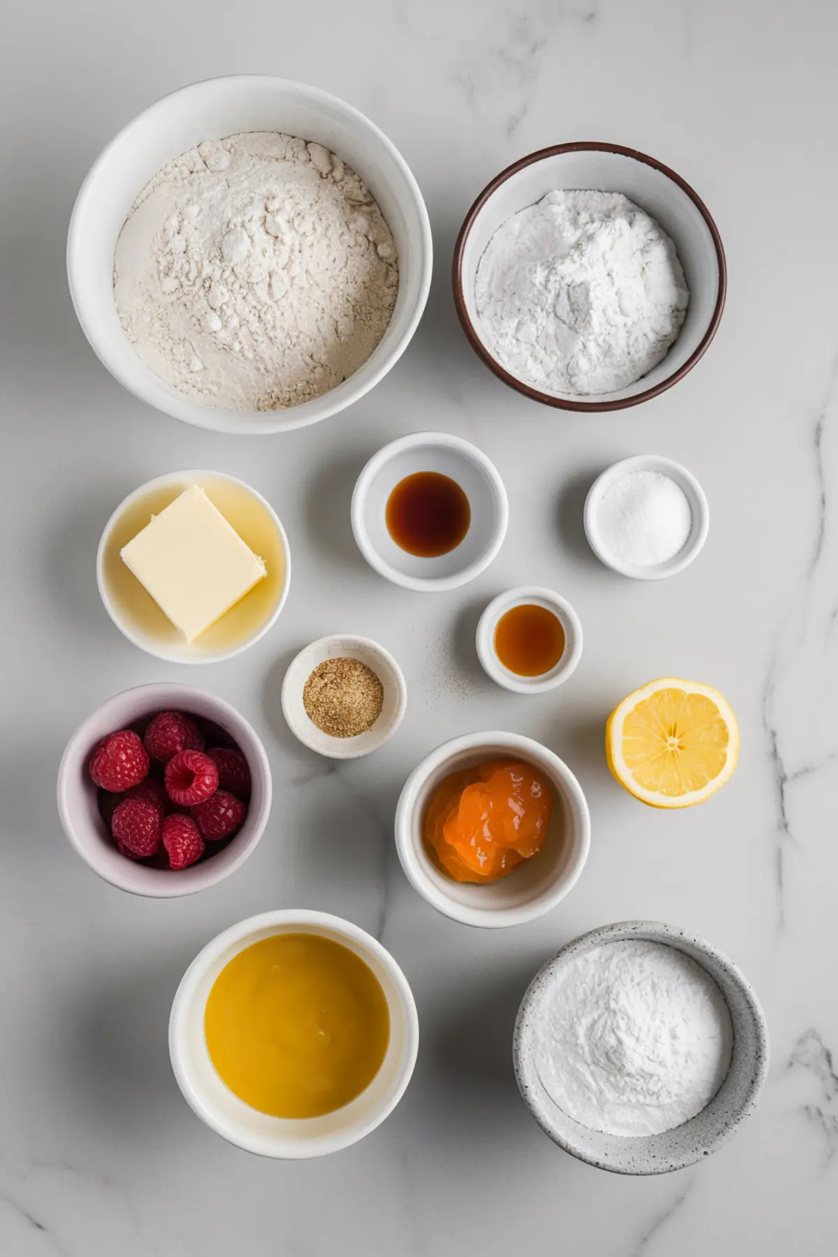 Overhead view of baking ingredients arranged on a marble surface, including flour, butter, sugar, vanilla extract, raspberries, lemon, apricot jam, and powdered sugar in small bowls.