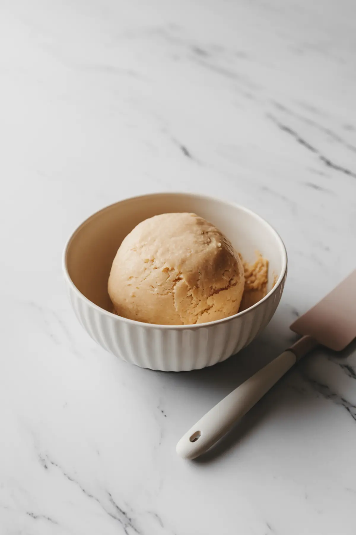 A ball of cookie dough resting in a white ceramic bowl on a marble countertop, with a spatula beside it.