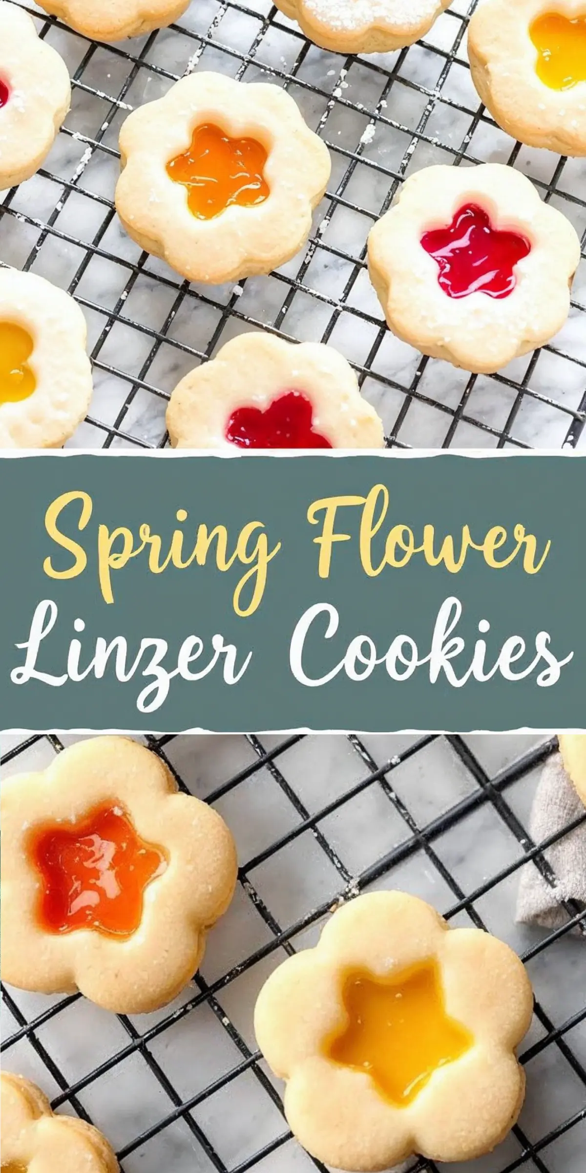 Another collage of flower-shaped Linzer cookies with bright jam centers on a wire rack, featuring a different text overlay that says “Spring Flower Linzer Cookies” in yellow script.