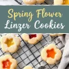 A close-up collage of Linzer cookies on a wire rack, with powdered sugar dusting some cookies. The jam centers are glossy and vibrant, with a soft-focus linen cloth in the background. The text overlay reads “Spring Flower Linzer Cookies.”