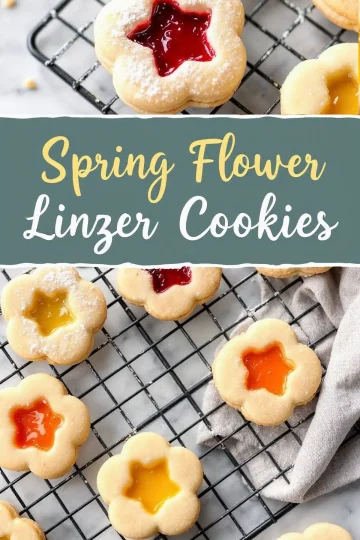 A close-up collage of Linzer cookies on a wire rack, with powdered sugar dusting some cookies. The jam centers are glossy and vibrant, with a soft-focus linen cloth in the background. The text overlay reads “Spring Flower Linzer Cookies.”