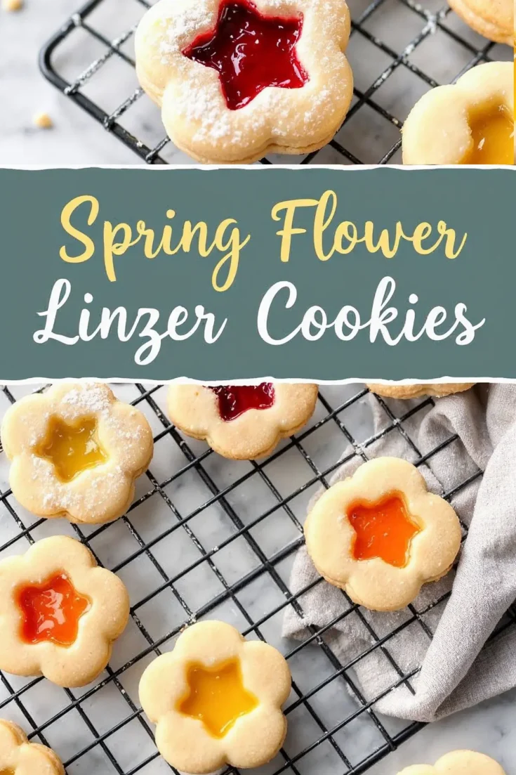 A close-up collage of Linzer cookies on a wire rack, with powdered sugar dusting some cookies. The jam centers are glossy and vibrant, with a soft-focus linen cloth in the background. The text overlay reads “Spring Flower Linzer Cookies.”