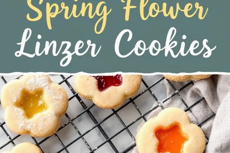 A close-up collage of Linzer cookies on a wire rack, with powdered sugar dusting some cookies. The jam centers are glossy and vibrant, with a soft-focus linen cloth in the background. The text overlay reads “Spring Flower Linzer Cookies.”
