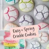 A marble countertop displays colorful crinkle cookies dusted with powdered sugar. The cookies have cracked surfaces revealing pastel hues of blue, pink, yellow, green, and purple. A text overlay reads “Easy + Spring Crinkle Cookies.” Below, a close-up shows a neatly stacked pile of cookies in a rainbow of colors.