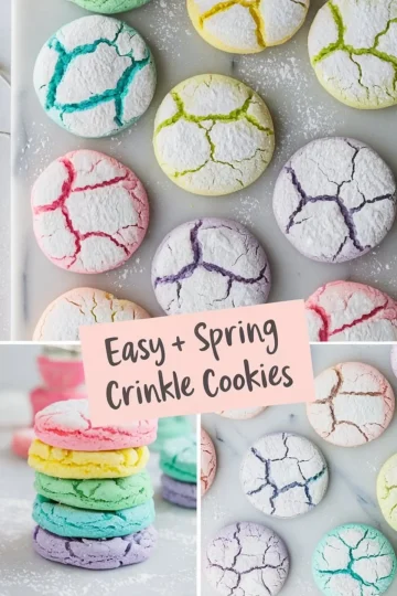 A marble countertop displays colorful crinkle cookies dusted with powdered sugar. The cookies have cracked surfaces revealing pastel hues of blue, pink, yellow, green, and purple. A text overlay reads “Easy + Spring Crinkle Cookies.” Below, a close-up shows a neatly stacked pile of cookies in a rainbow of colors.