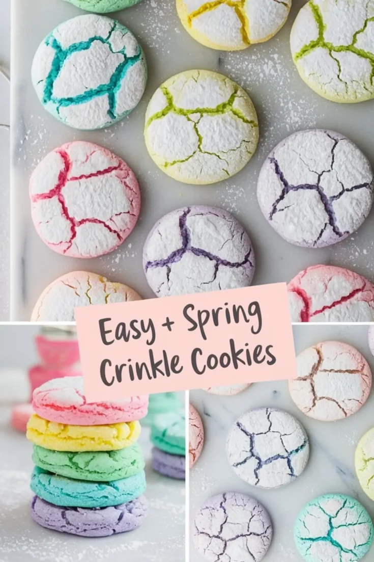 A marble countertop displays colorful crinkle cookies dusted with powdered sugar. The cookies have cracked surfaces revealing pastel hues of blue, pink, yellow, green, and purple. A text overlay reads “Easy + Spring Crinkle Cookies.” Below, a close-up shows a neatly stacked pile of cookies in a rainbow of colors.