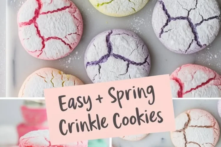 A marble countertop displays colorful crinkle cookies dusted with powdered sugar. The cookies have cracked surfaces revealing pastel hues of blue, pink, yellow, green, and purple. A text overlay reads “Easy + Spring Crinkle Cookies.” Below, a close-up shows a neatly stacked pile of cookies in a rainbow of colors.