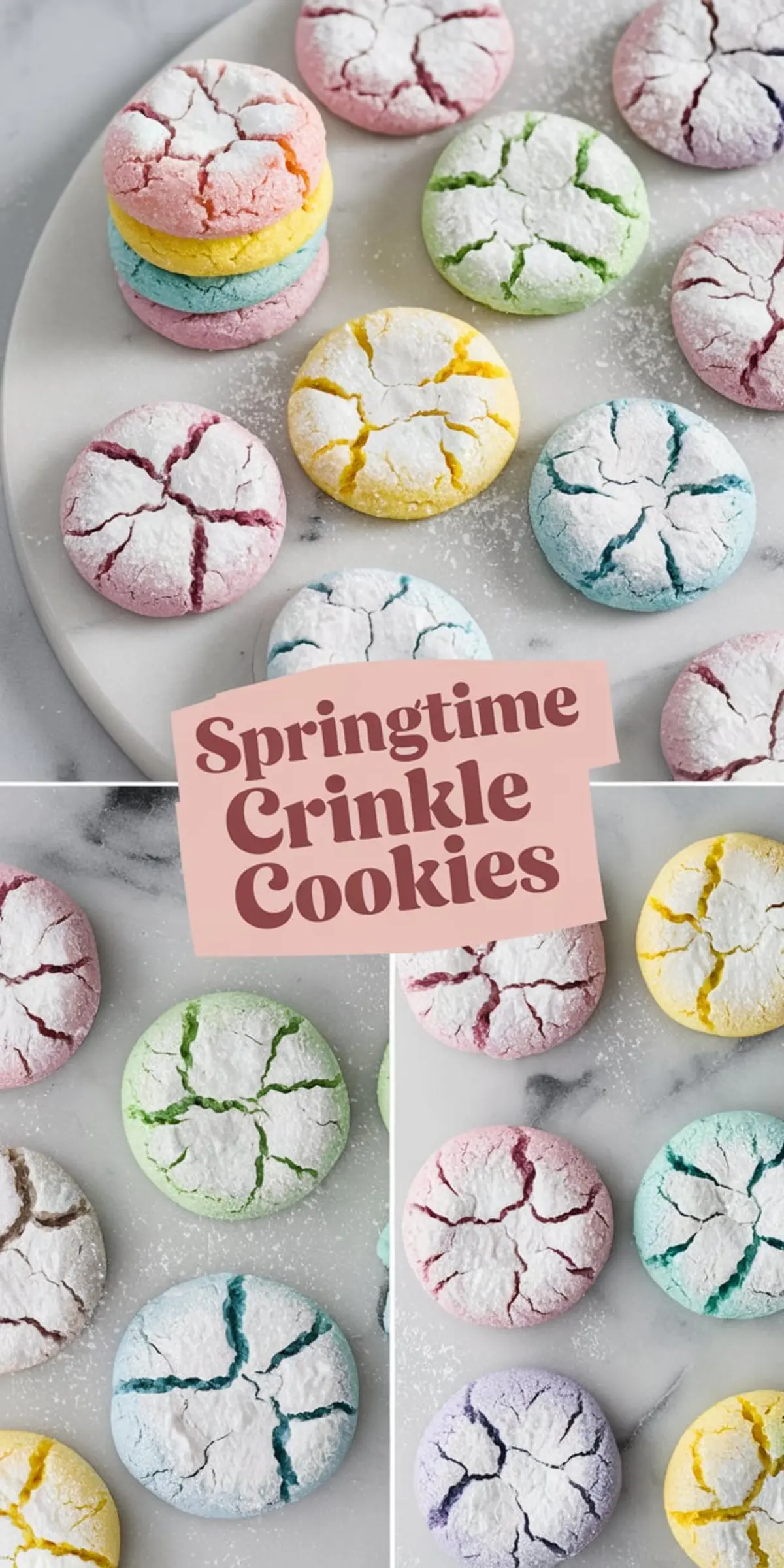 A round marble plate holds freshly baked springtime crinkle cookies with cracked surfaces and a dusting of powdered sugar. Some cookies are stacked, showcasing their soft, chewy texture. A text overlay reads “Springtime Crinkle Cookies,” placed over an arrangement of pastel-colored treats.