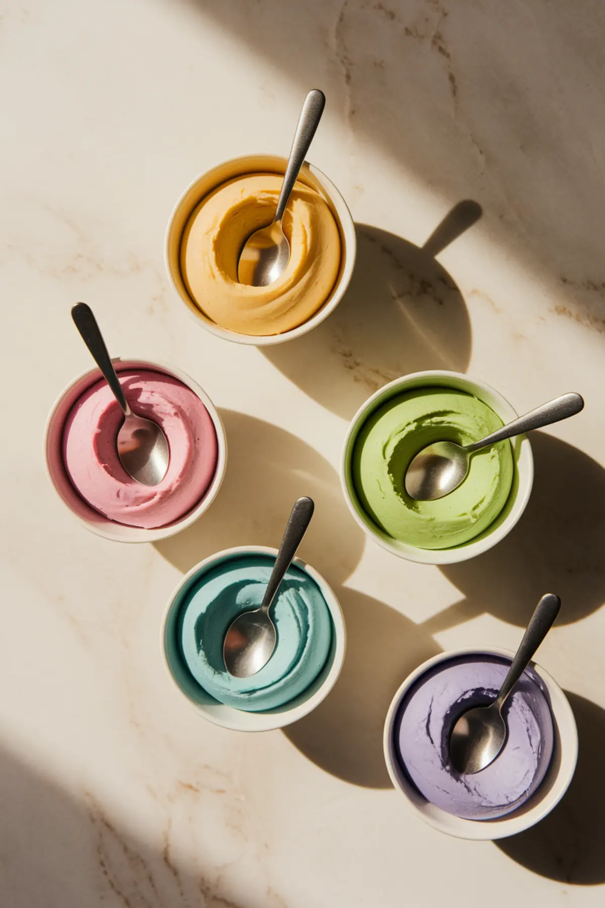 Five small white bowls contain smooth, whipped pastel frosting in shades of yellow, pink, green, blue, and purple. Each bowl has a spoon resting inside. The sunlight casts soft shadows on a marble surface.
