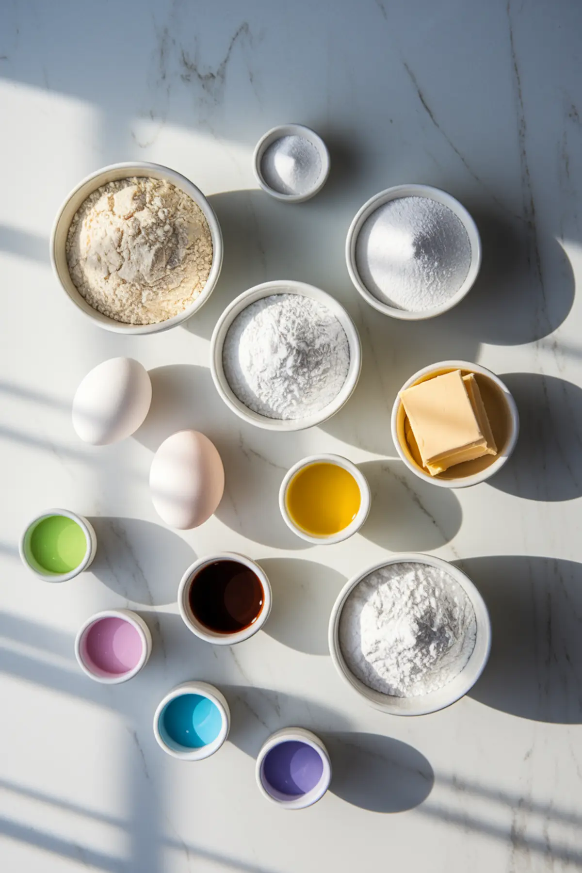 A baking setup with neatly arranged ingredients on a white marble countertop. Small bowls contain flour, sugar, baking powder, butter, eggs, vanilla extract, oil, and colorful food coloring in shades of green, pink, blue, and purple. Sunlight casts natural shadows on the surface.