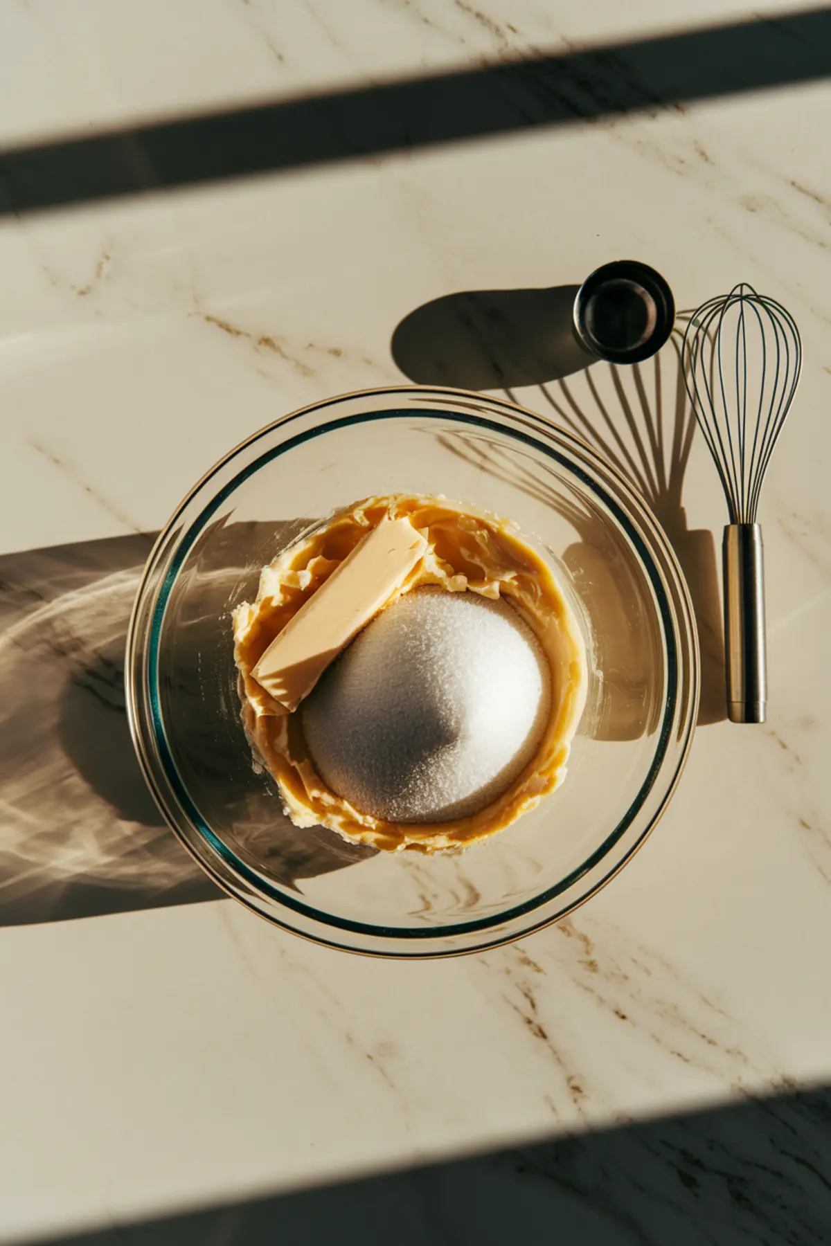 A close-up of a glass mixing bowl holding softened butter and granulated sugar, placed on a sunlit marble countertop. A metal whisk and measuring spoon rest beside the bowl, with soft shadows adding depth to the scene.