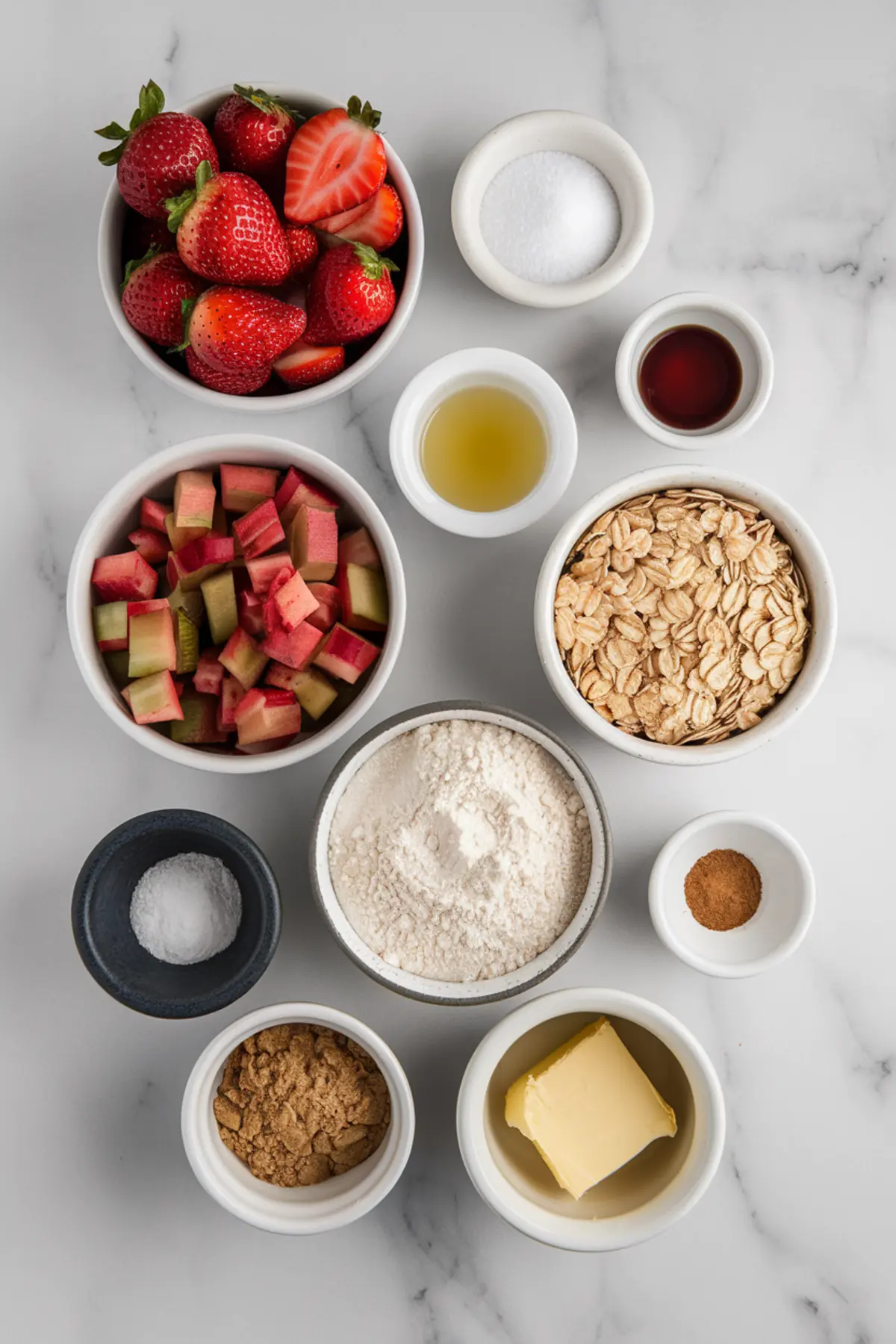 Overhead view of recipe ingredients for strawberry rhubarb crisp, including fresh strawberries, chopped rhubarb, rolled oats, flour, sugar, butter, brown sugar, vanilla extract, lemon juice, salt, and cinnamon, arranged in small white bowls on a marble surface.