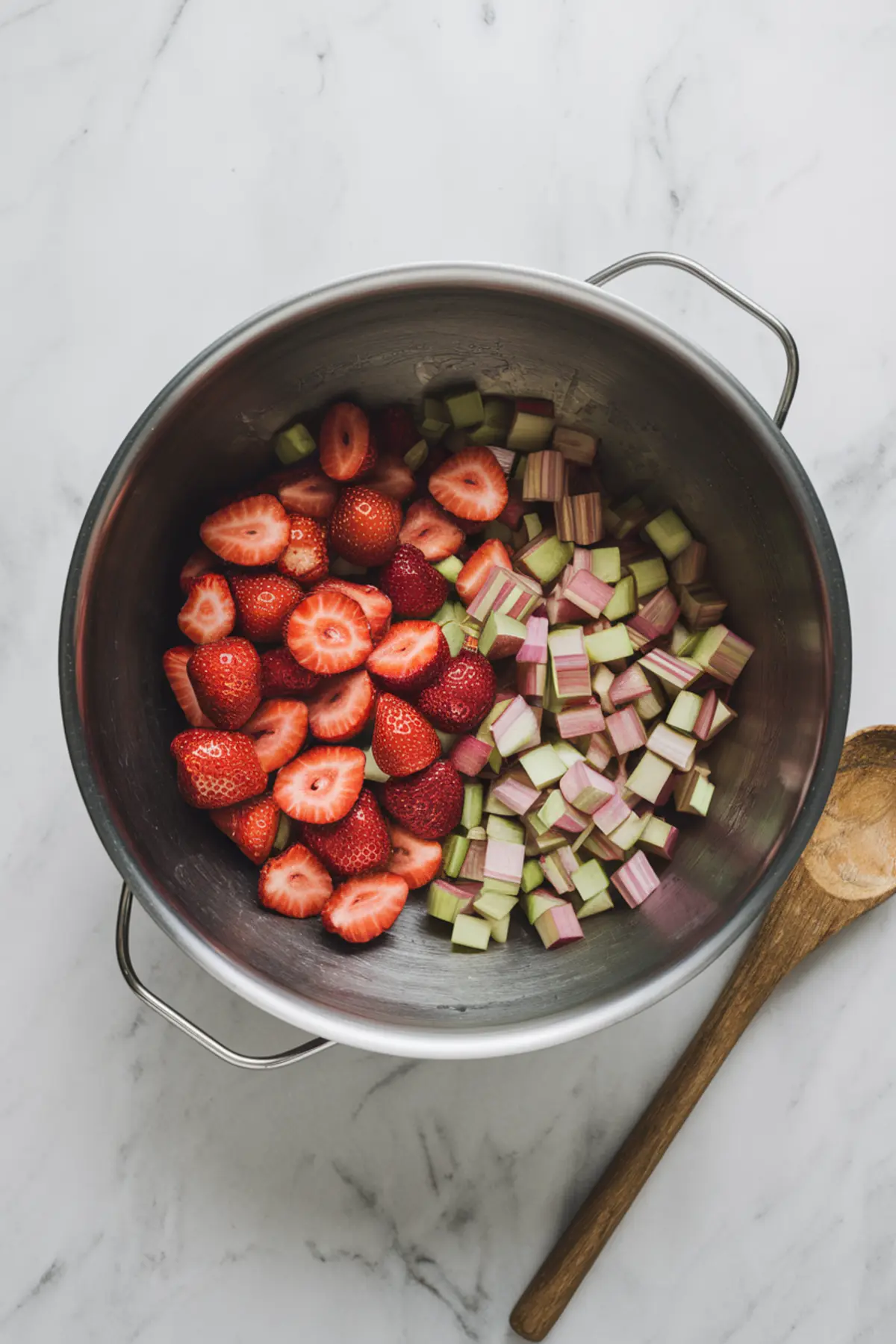 Large metal mixing bowl containing halved strawberries and diced rhubarb, ready for baking, with a wooden spoon placed beside the bowl on a white marble countertop.